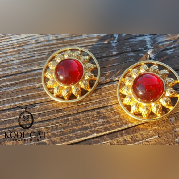 Fendi Jewelry - Vintage Fendi Art Deco Clip-on designer earring red stone 18k gold rare jewelry